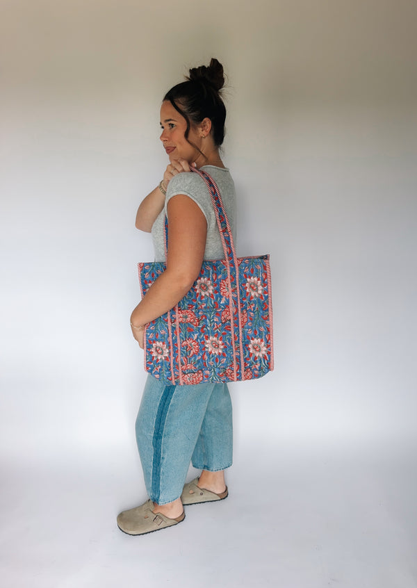 Teal Blossom Quilted Tote